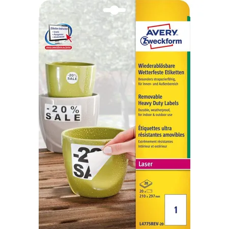 Avery Zweckform L4775REV-20 Wiederablösbare, wetterfeste Etiketten, 210 x 297 mm, 20 Bogen/20 Etiketten, weiß