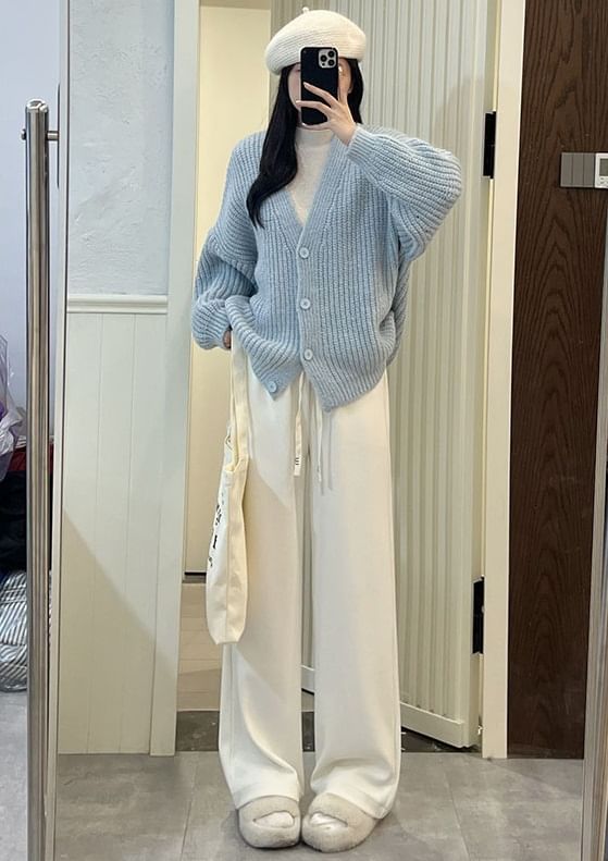 evanesce - Corduroy broek met hoge taille en trekkoord en wijde pijpen