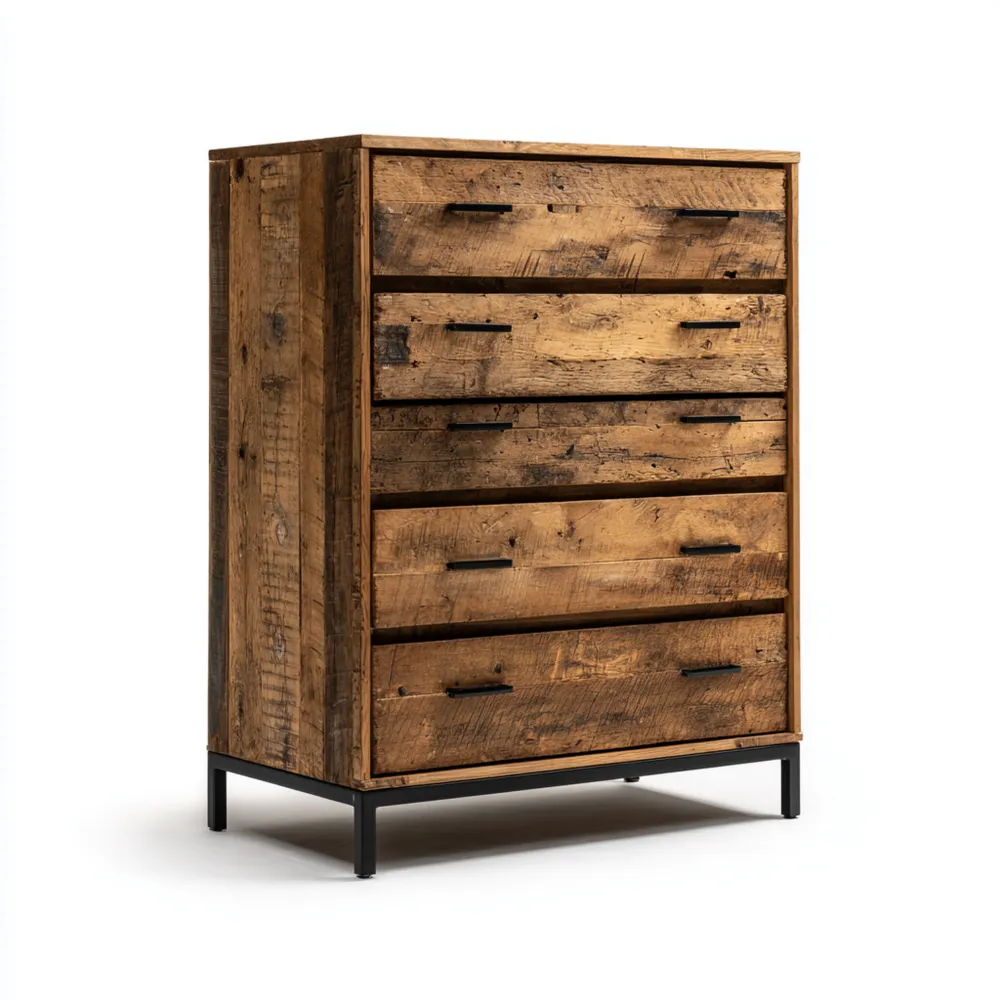 Kommode Massivholz 90x45x120 cm – Rustikale Eichenoptik – Industrielle