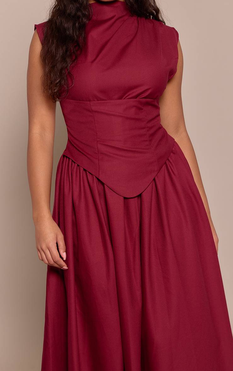 Rouge Bordeaux Robe Longue Moulante Corsétée À Col Montant En Tissu Tissé Shape