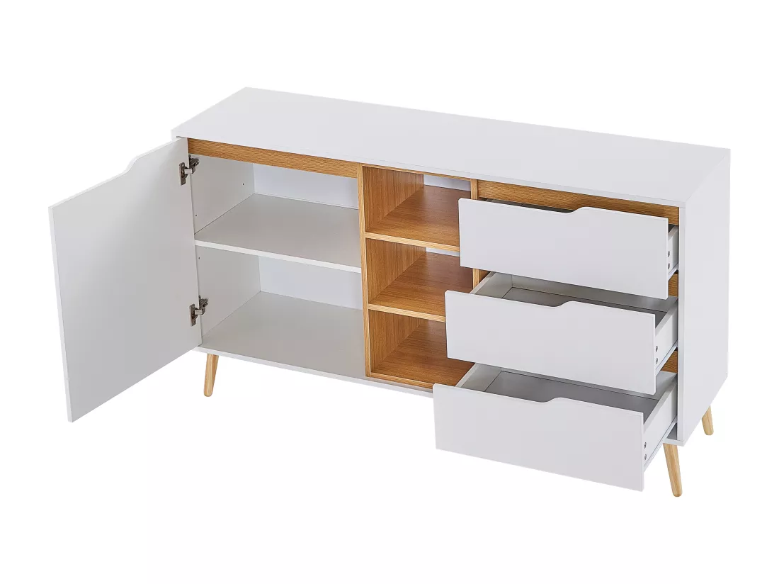 Buffet moderne avec étagères, 3 tiroirs et rangements ouverts - 140 x 40 x 80,5 cm - Blanc & Naturel