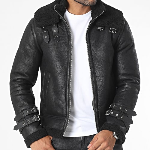 Veste Biker Col Mouton Noir
