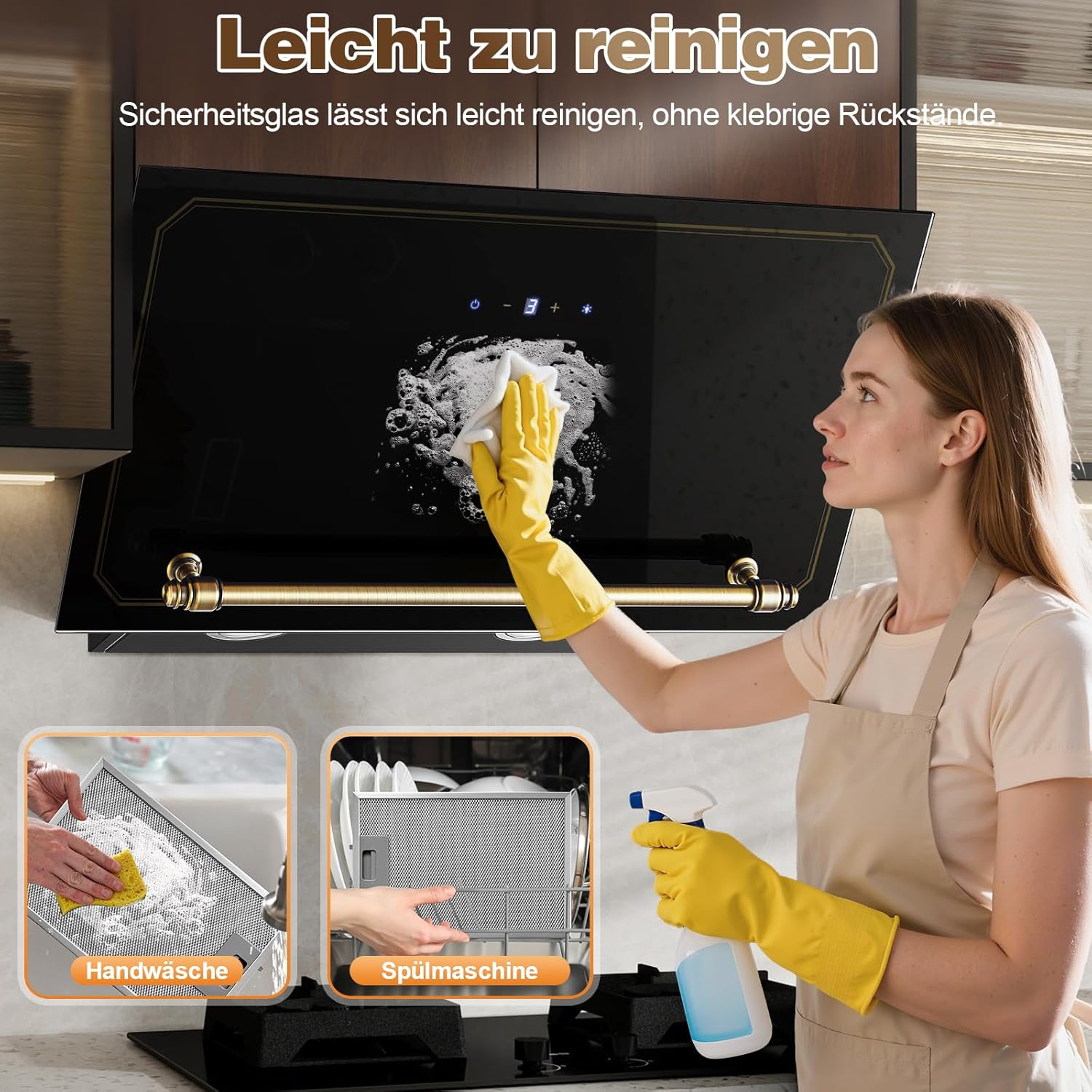 SNDOAS Dunstabzugshaube 60cm, Abzugshaube mit A+++ Energieeffizienz, Abluft/Umluft, 400 m³/h, 3 Stufen + Booster, Wandhaube mit Aktivkohlefilter, Gehärtetes Glas Touchscreen und LED, Schwarz/Gold