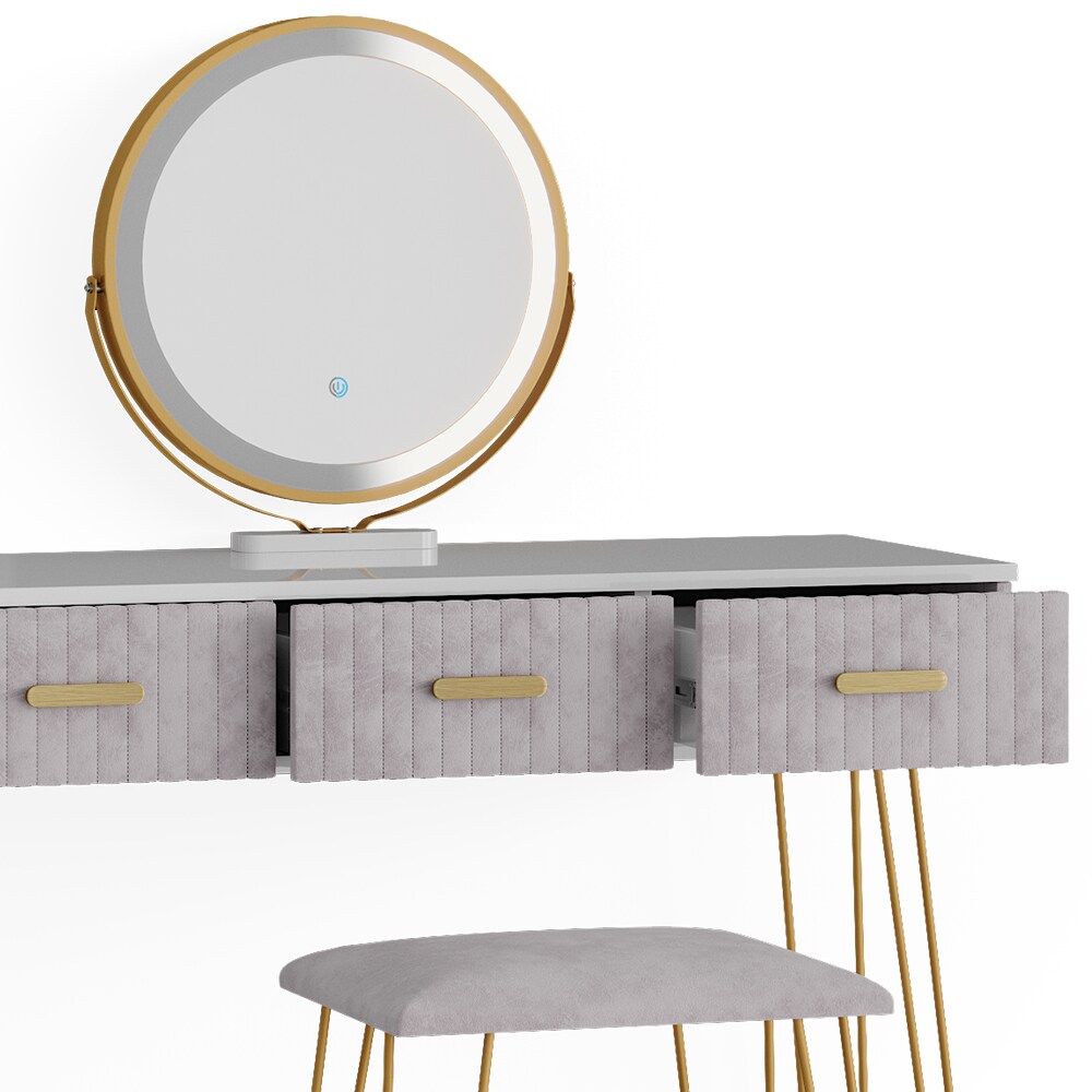 Vicco Schminktisch Frisiertisch Schminkkommode Layla Weiß Grau LED-Spiegel Design-Hocker 100x79 cm modern Schlafzimmer Kommode Schublade Ablage Aufbewahrung Touch-Switch Kosmetiktisch Make-Up-Tisch