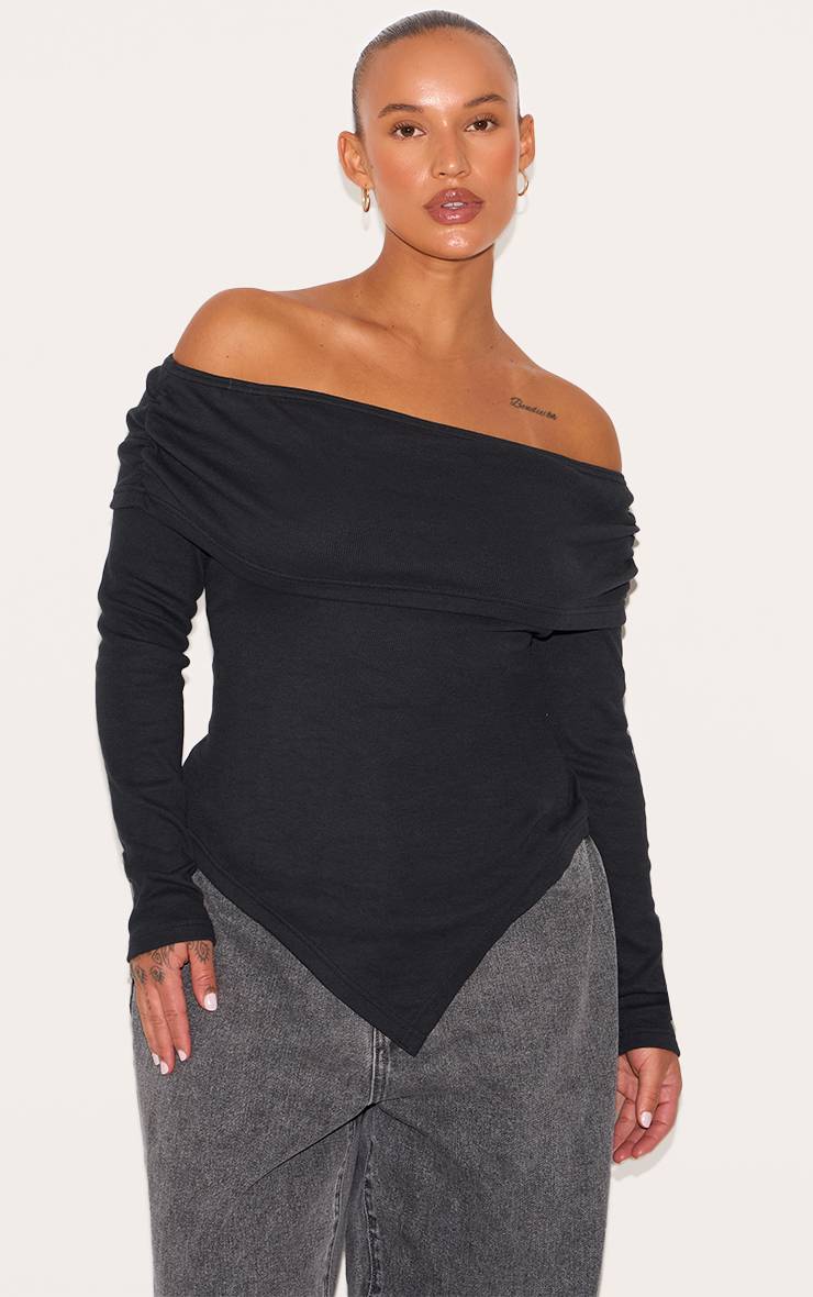 Noir Haut Grande Taille À Encolure Drapée Et Ourlet Plongeant