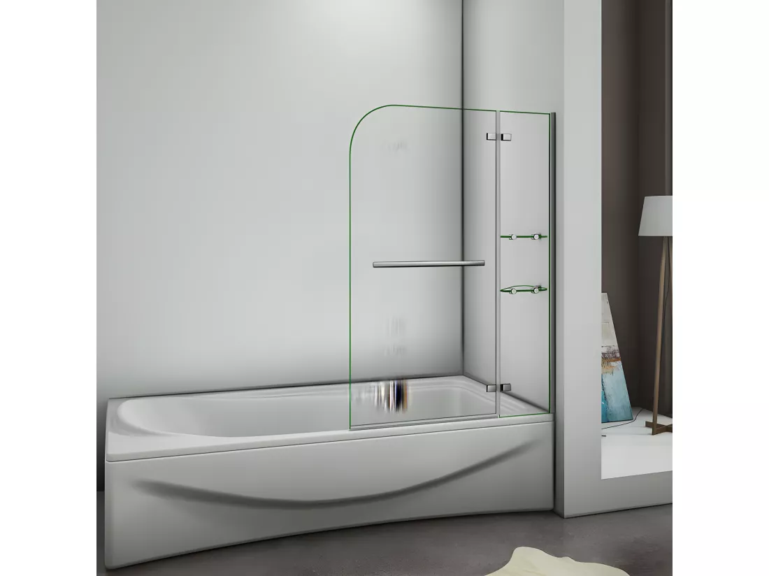 Pare-baignoire 120x140cm pivotant 90° en verre trempé, paroi de baignoire avec porte-serviette et 2 étagères
