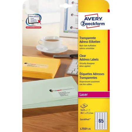 Avery Zweckform L7551-25 Adress-Etiketten,A4 38,1 x 21,2 mm, 25 Bogen/1.625 Etiketten, transparent