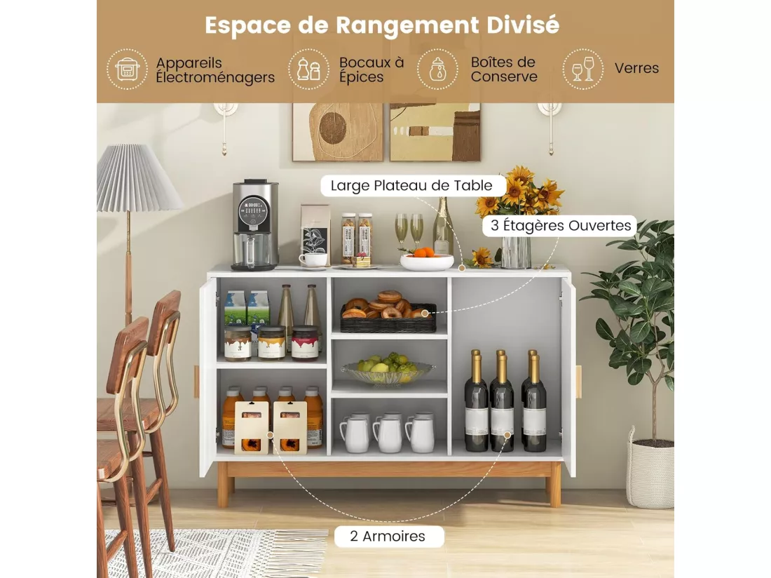 Buffet de cuisine, armoire cuisine avec 2 portes tressées en bambou 120 x 35 x 78 cm