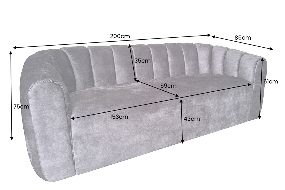 3-Sitzer Sofa BABYLON 200cm anthrazit Samt mit Ziersteppung
