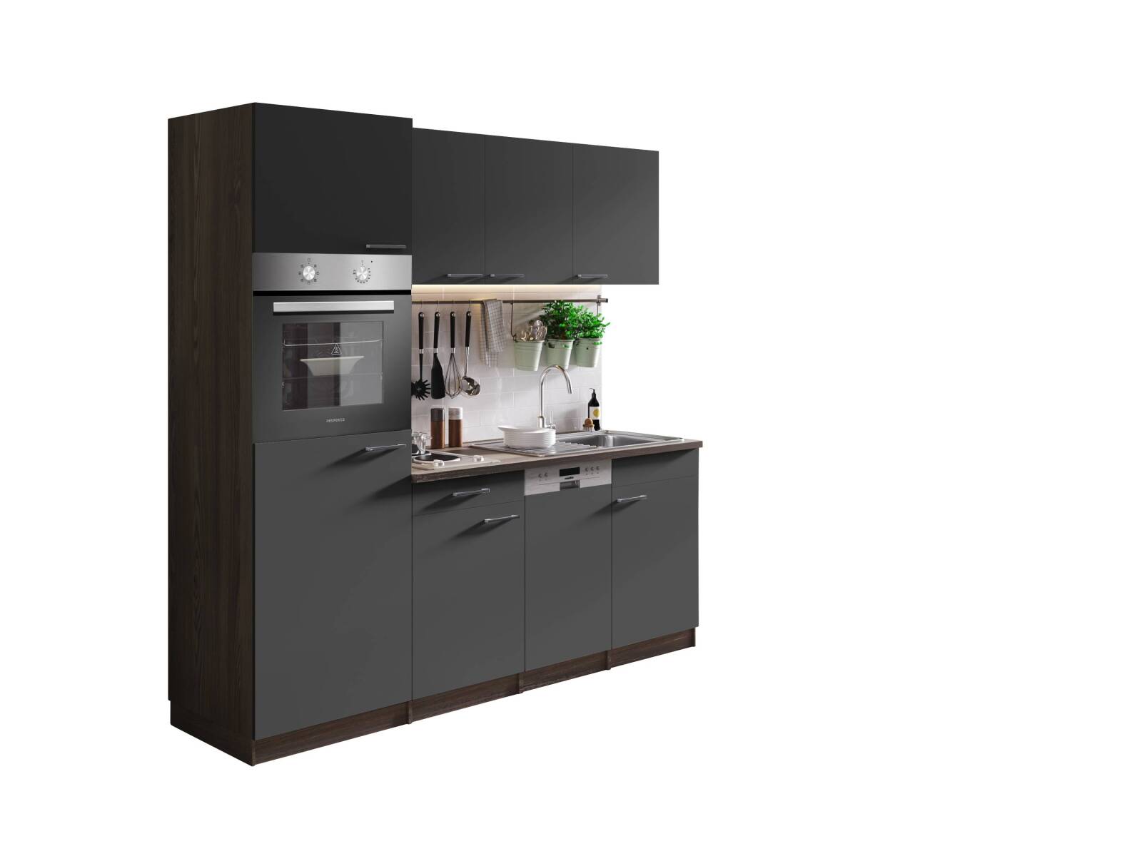 RESPEKTA Singleküche OLIVER - grau - Eiche York - mit E-Geräten - 205 cm