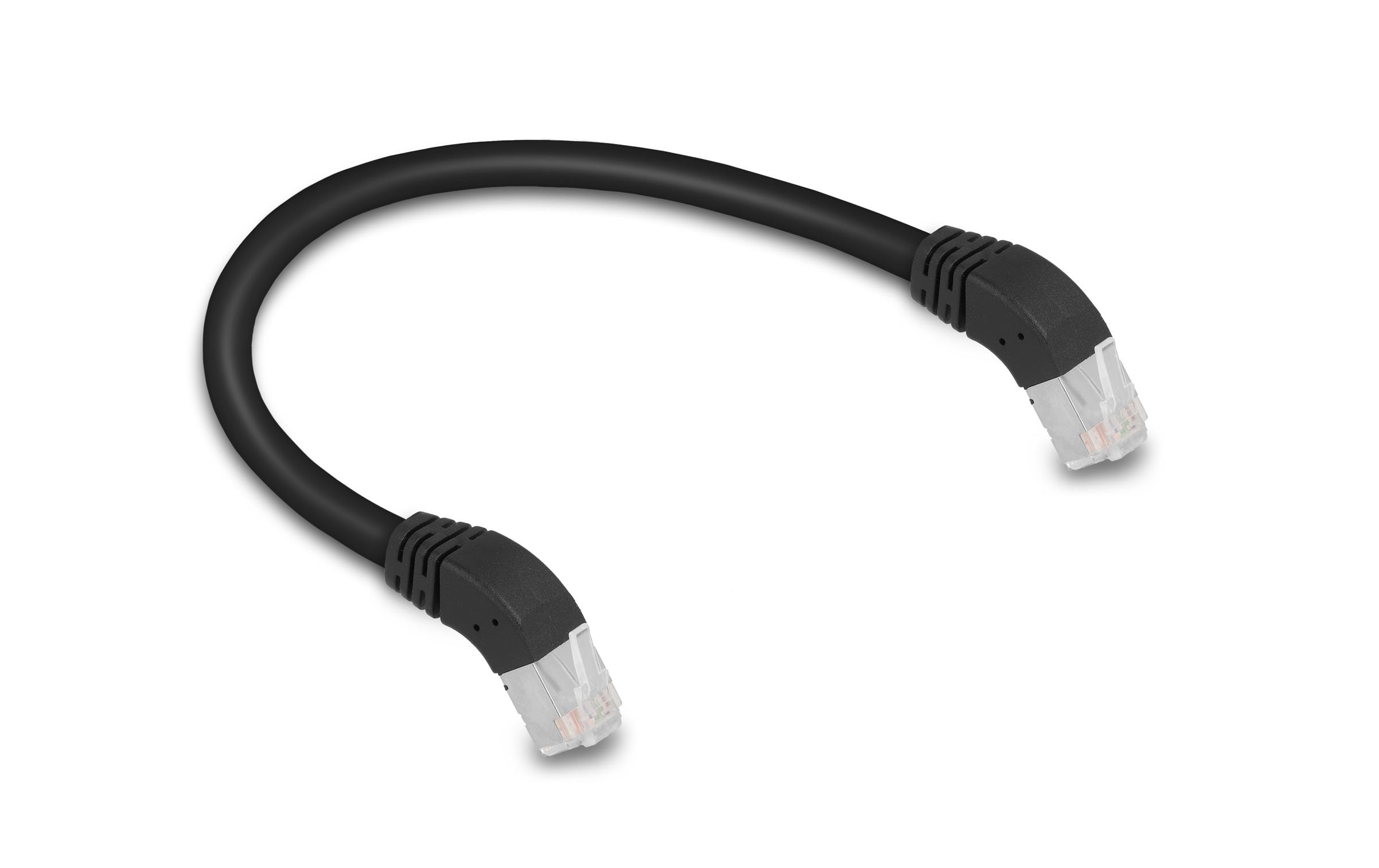 Patchkabel 45° unten gewinkelt Cat 6A, S/FTP, 0.25 m SchwarzDelock RJ45 Netzwerkkabel Cat.6A S/FTP 45° nach unten gewinkelt 0.25 m schwarz