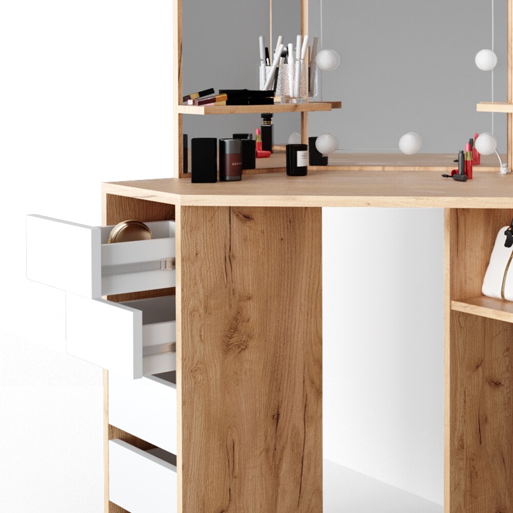 VICCO LED Eckschminktisch ARIELLE Kosmetik Schminktisch Spiegel Eiche Hocker