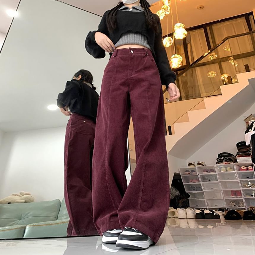 Chisan - Corduroy broek met hoge taille en wijde pijpen