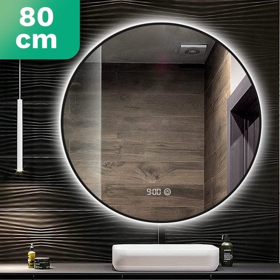 Mirlux badkamerspiegel met ledverlichting, ronde wandspiegel, anticondens douchespiegel, matzwart 80 cm