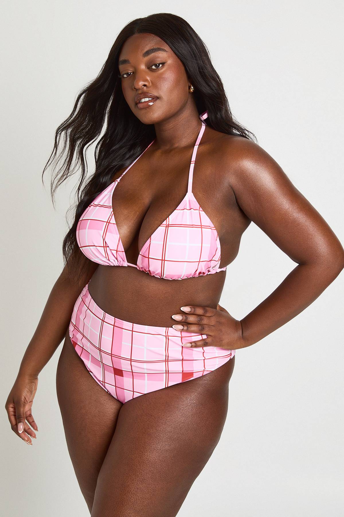 boohoo Ensemble Bikini Grande Taille Imprimé Carreaux Avec Haut Triangle Et Bas Taille Haute
