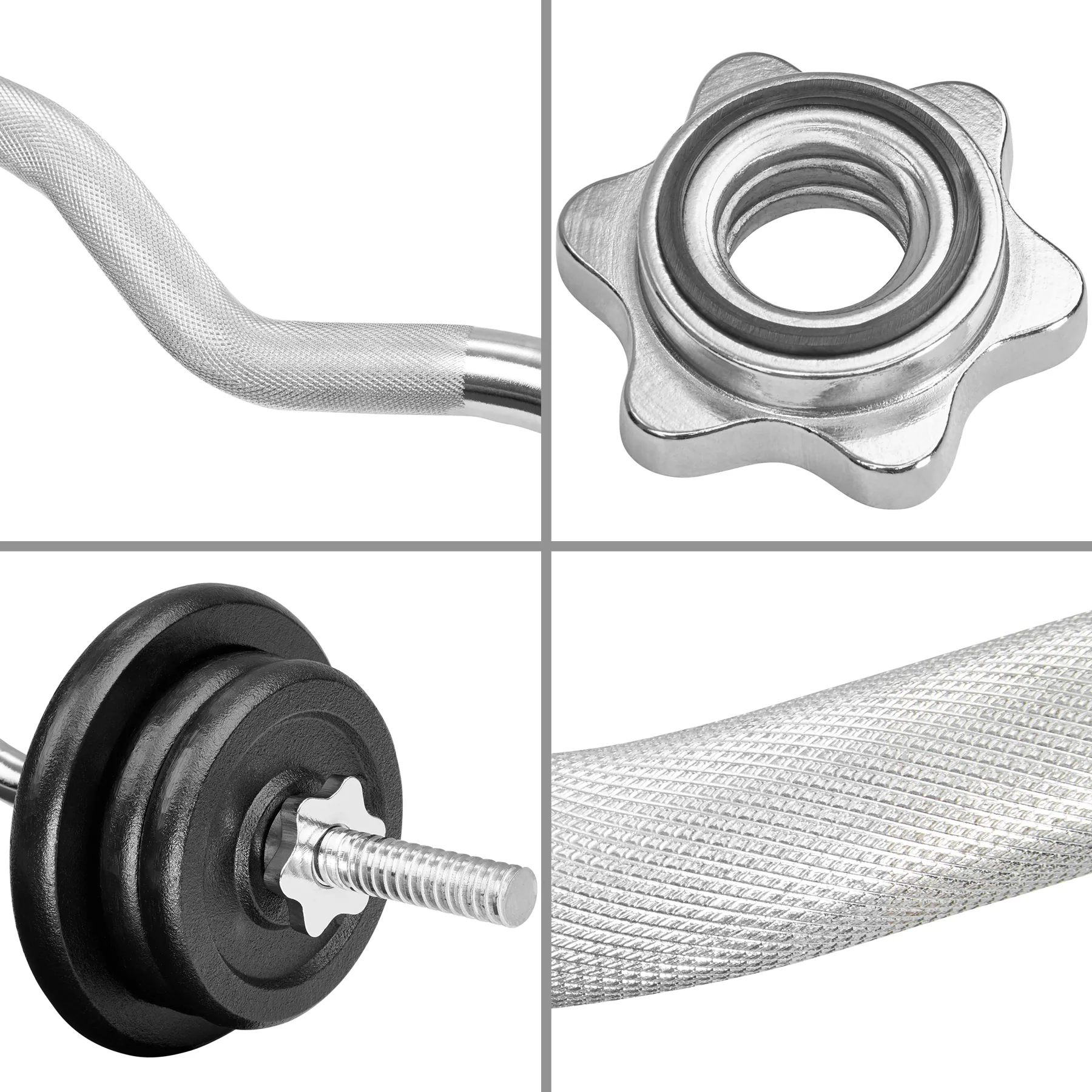 tectake® SZ Curlstange, verchromter Stahl, Durchmesser 25 mm, mit Sternverschlüssen, inklusive 6 Gewichten aus Gusseisen mit 20 kg
