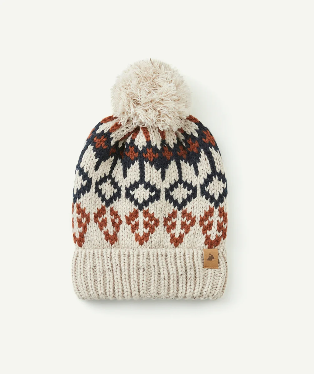 BONNET EN TRICOT GARÇON EN FIBRES RECYCLÉES ÉCRU BLEU ET MARRON