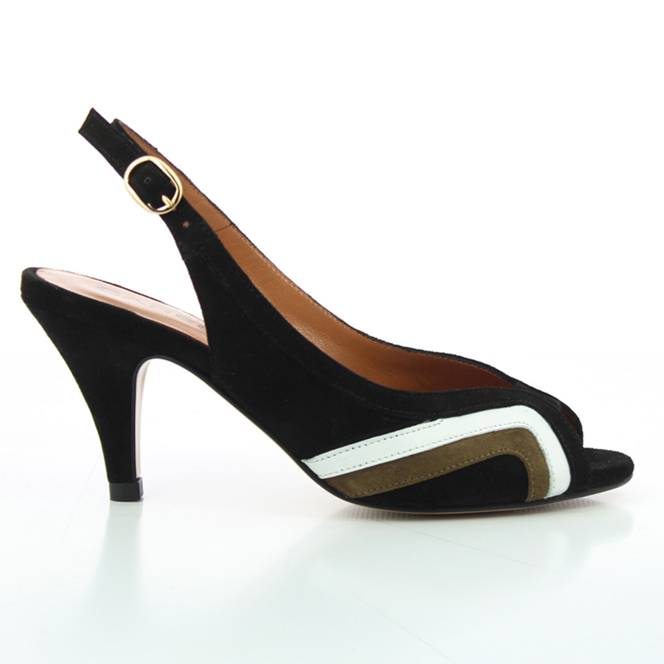 Carel Slingbacks en Velours de Cuir Paula kaki/blanc - Talon 5 cm