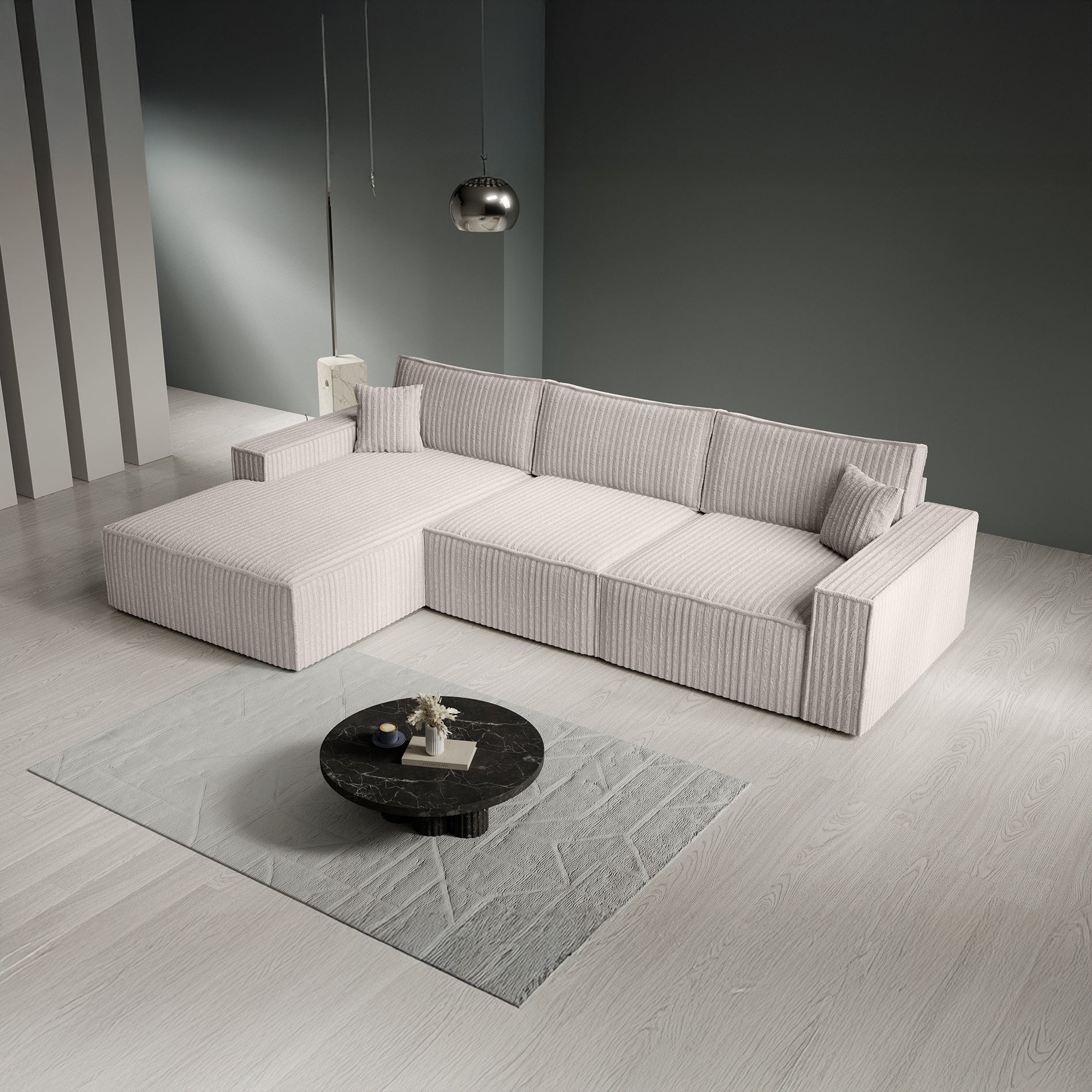 Manolo - Hoekbank 3-zits met chaise longue - Ribstof beige - Links