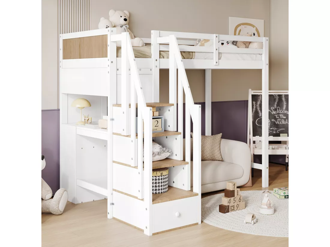 Lit mezzanine enfant - 90 x 200 cm - 4 rangement dans l'escalier - bureau avec 3 tiroirs - pin+MDF - blanc+naturel