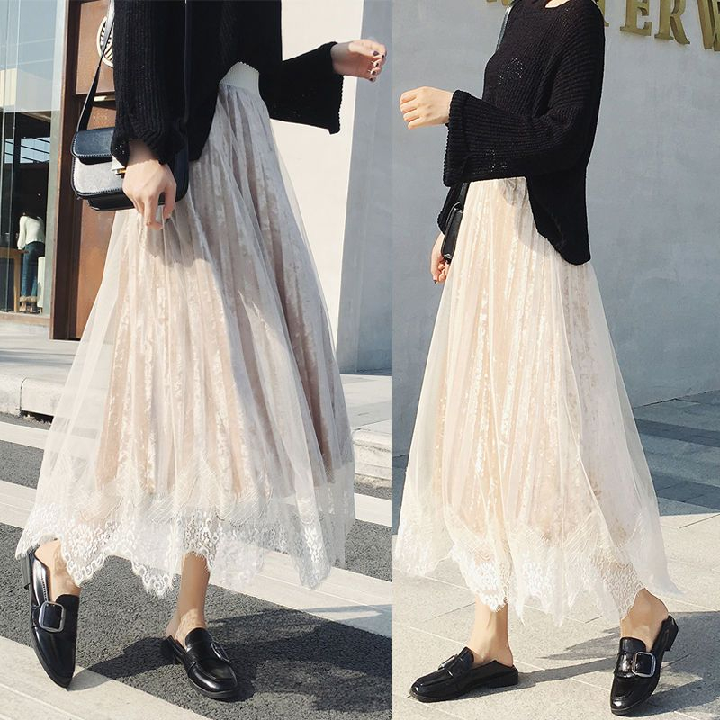 Juuri - Midi fluwelen rok met kanten overlay