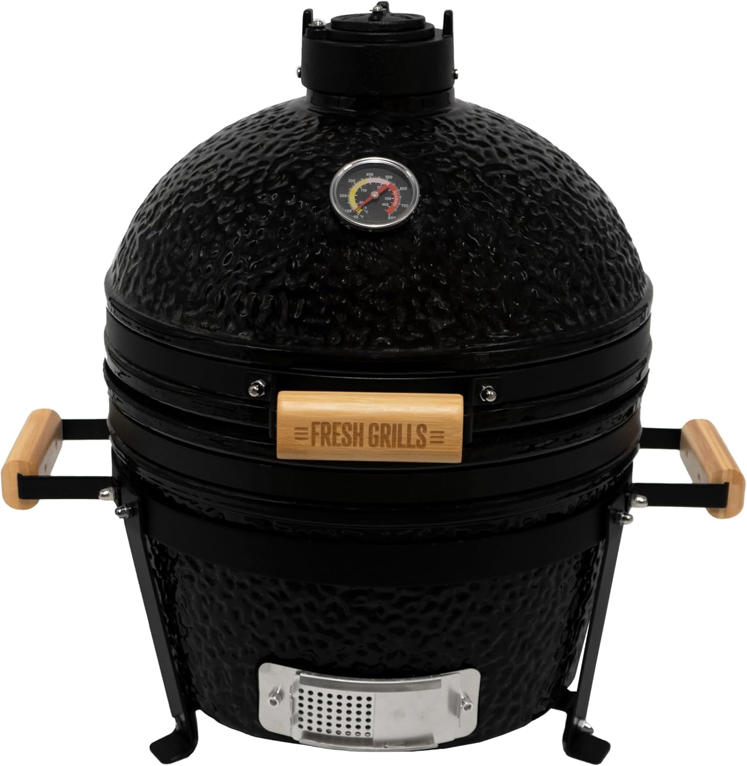 Fresh Grills 40,6cm Kamado Keramikgrill | Schwarz Holzkohlegrill BBQ Mini Ofen | Thermometer, Holzgriff, Oberer & Unterer Luftstrom | Outdoor Garten Grillen Garen Räuchern Smokern