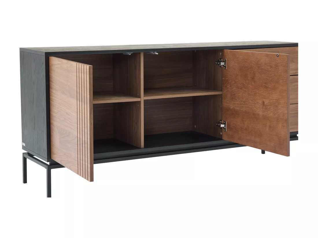 Buffet avec 2 portes et 3 tiroirs placage noyer et métal - Naturel foncé et Noir - ZINORI