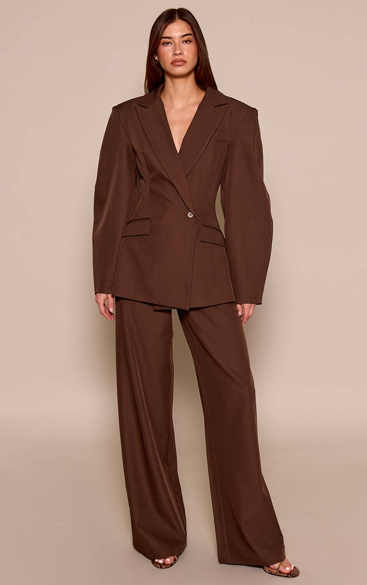 Marron Foncé Pantalon Tailleur Tissé Taille Haute