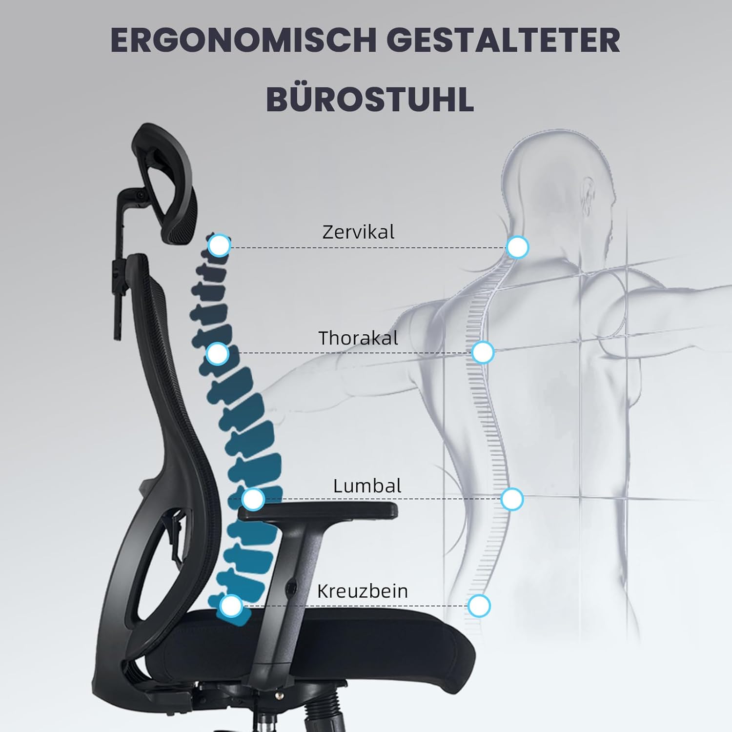 Ergonomischer Bürostuhl, Schreibtischstuhl Höhenverstellbar, Drehstuhl mit Verstellbarer Lendenwirbelstütze und Kopfstütze, 90°-130°Liegefunktion, Bürostuhl bis 150 kg Belastbar, Schwarz