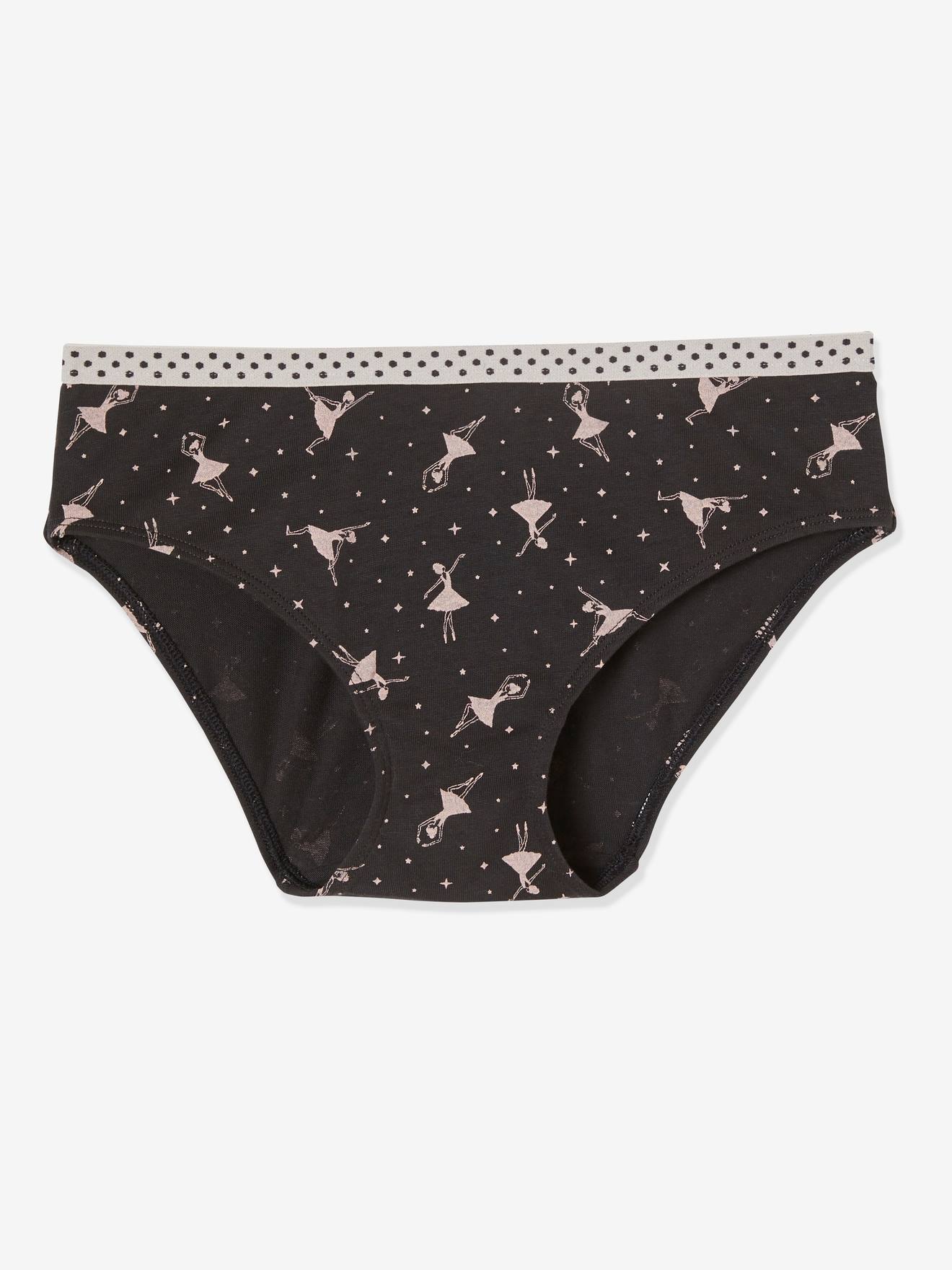Conjunto de 3 calcinhas infantis, rosa claro lisas com estampas.