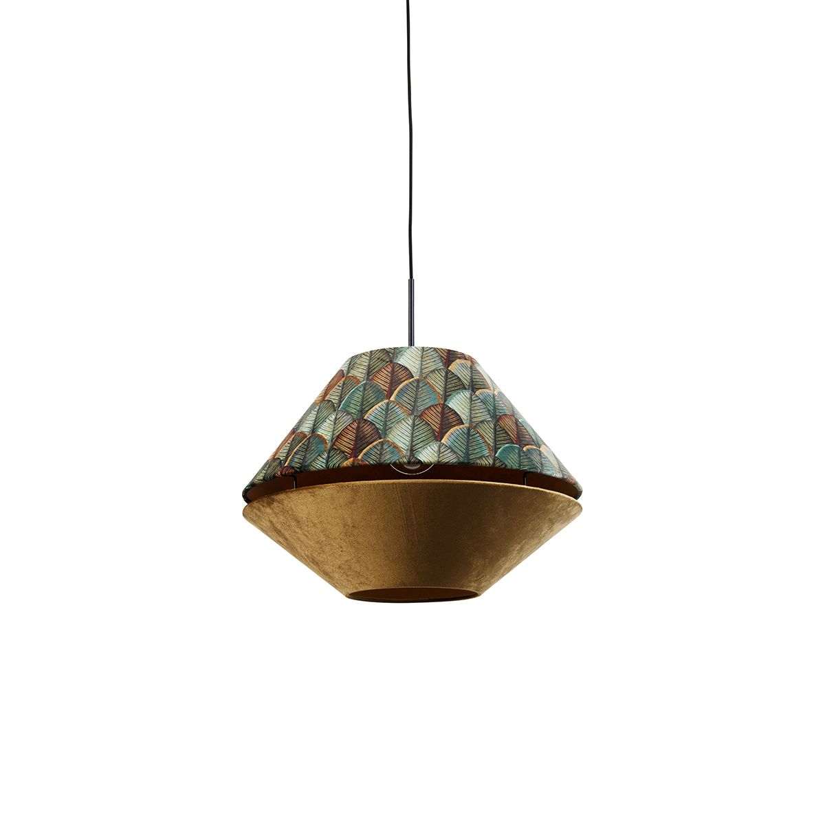 Hanglamp zwart met dubbele velours lampenkap blad dessin en beige - Combi 1