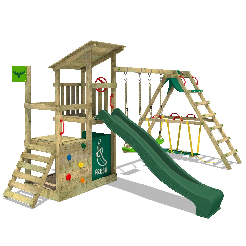 FATMOOSE FruityForest Speeltoren Klimrek met Surfswing Schommel en Glijbaan, Klimtoren met Zandbak, Ladder en Speelaccessoires – Groen