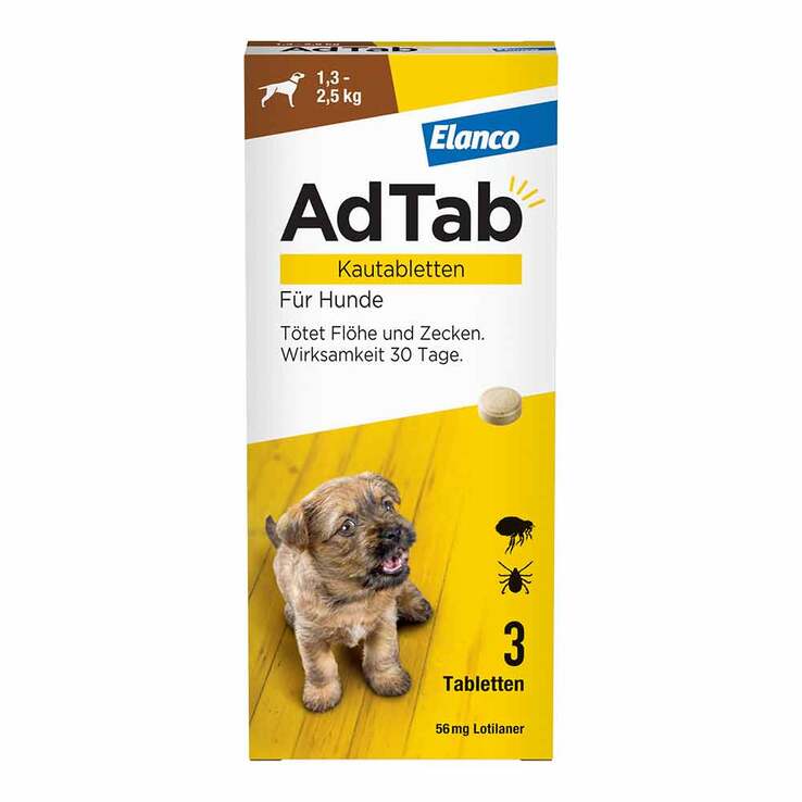 AdTab Kautabletten für sehr kleine Hunde 56 mg 1,3 bis 2,5 kg, 3 St