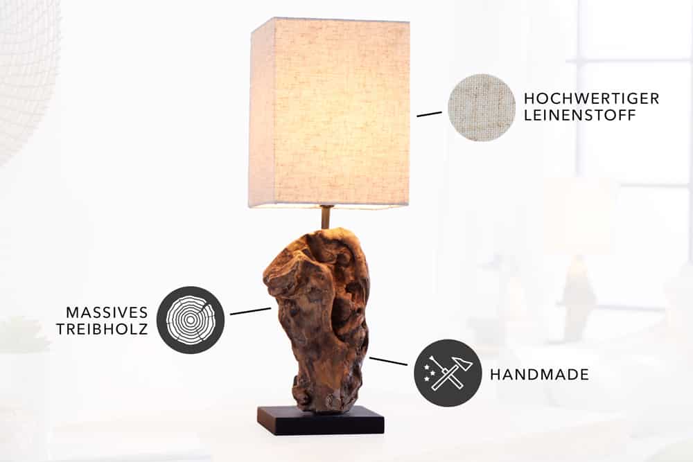 Handgearbeitete Treibholz Tischlampe HYPNOTIC 45cm beige mit Leinenschirm