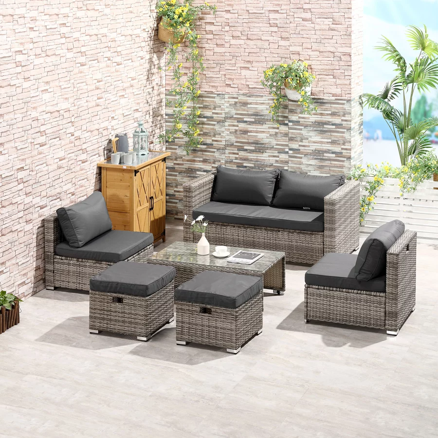 Outsunny Rattan Gartensitzgruppe als 6-teiliges Set grau