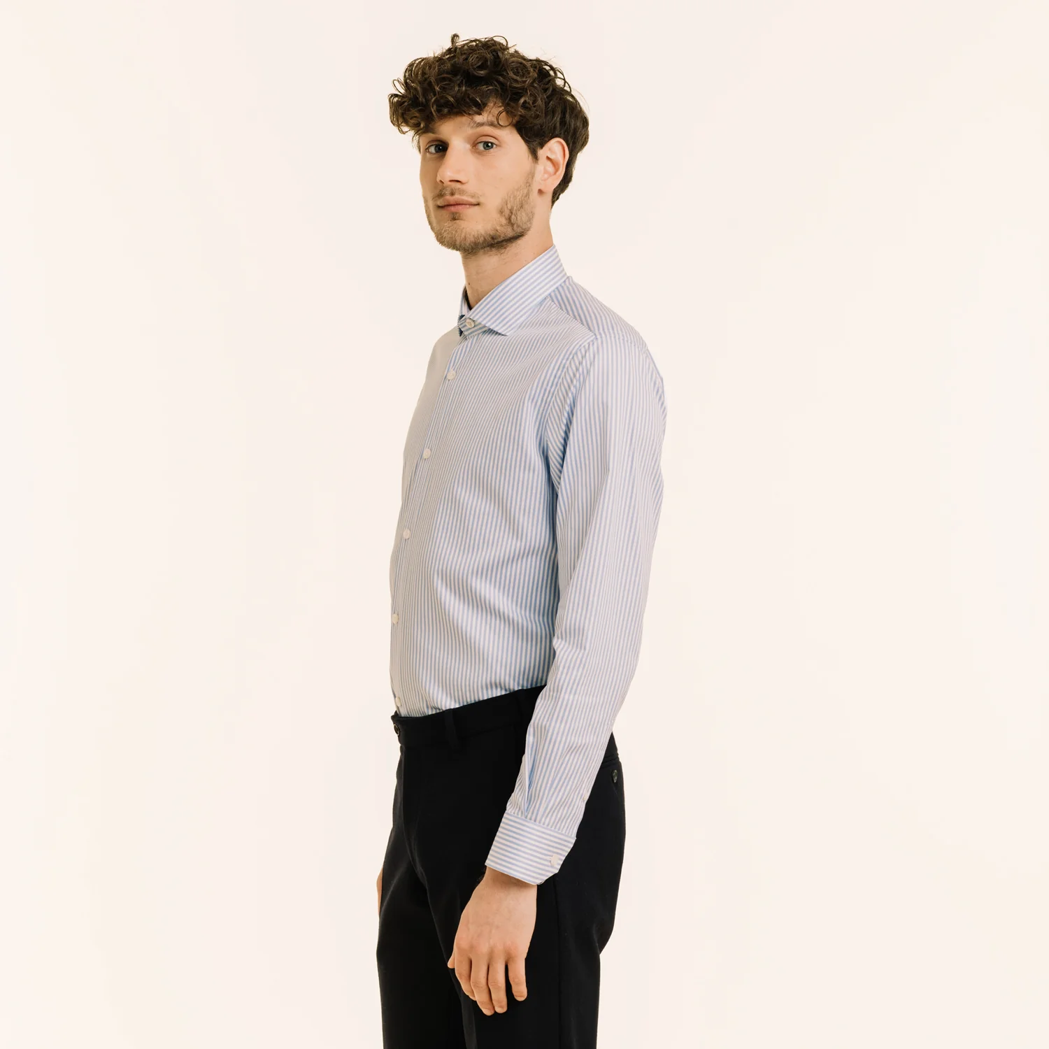 Double-twisted twill shirt with blue stripes