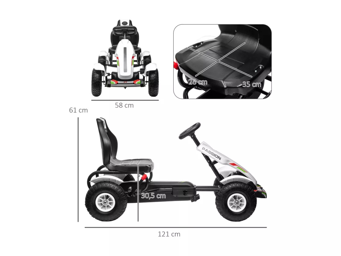 Kart à pédales enfant Go kart Formule 1 Racing passione italia pneus gonflables caoutchouc blanc