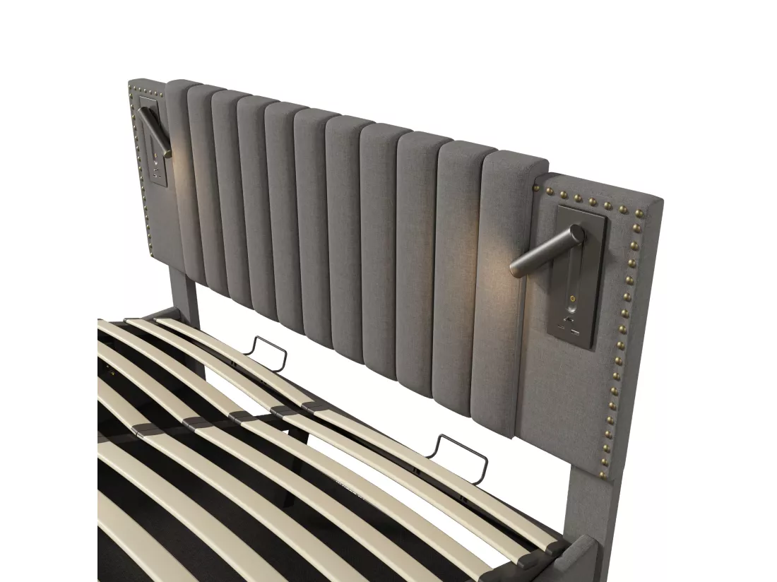 Lit coffre 180x200cm en tissu de cotton - avec lampes de lecture et Ports de charge USB - avec sommier à lattes - Gris
