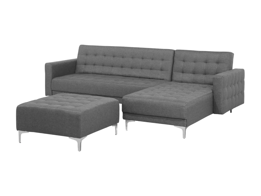 Canapé angle droite convertible en tissu gris clair 4 places avec pouf ABERDEEN