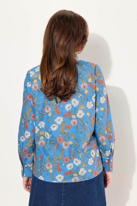 Bluse, Blüten, Kelchkragen, V-Ausschnitt, Langarm