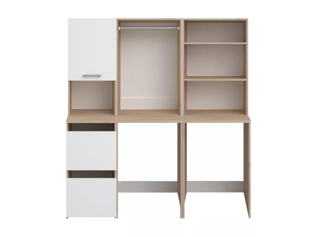 Meuble pour 2 machines à laver avec étagères, penderie et placards - Naturel clair et blanc - L176 x H184 x P66 cm - ERKANO