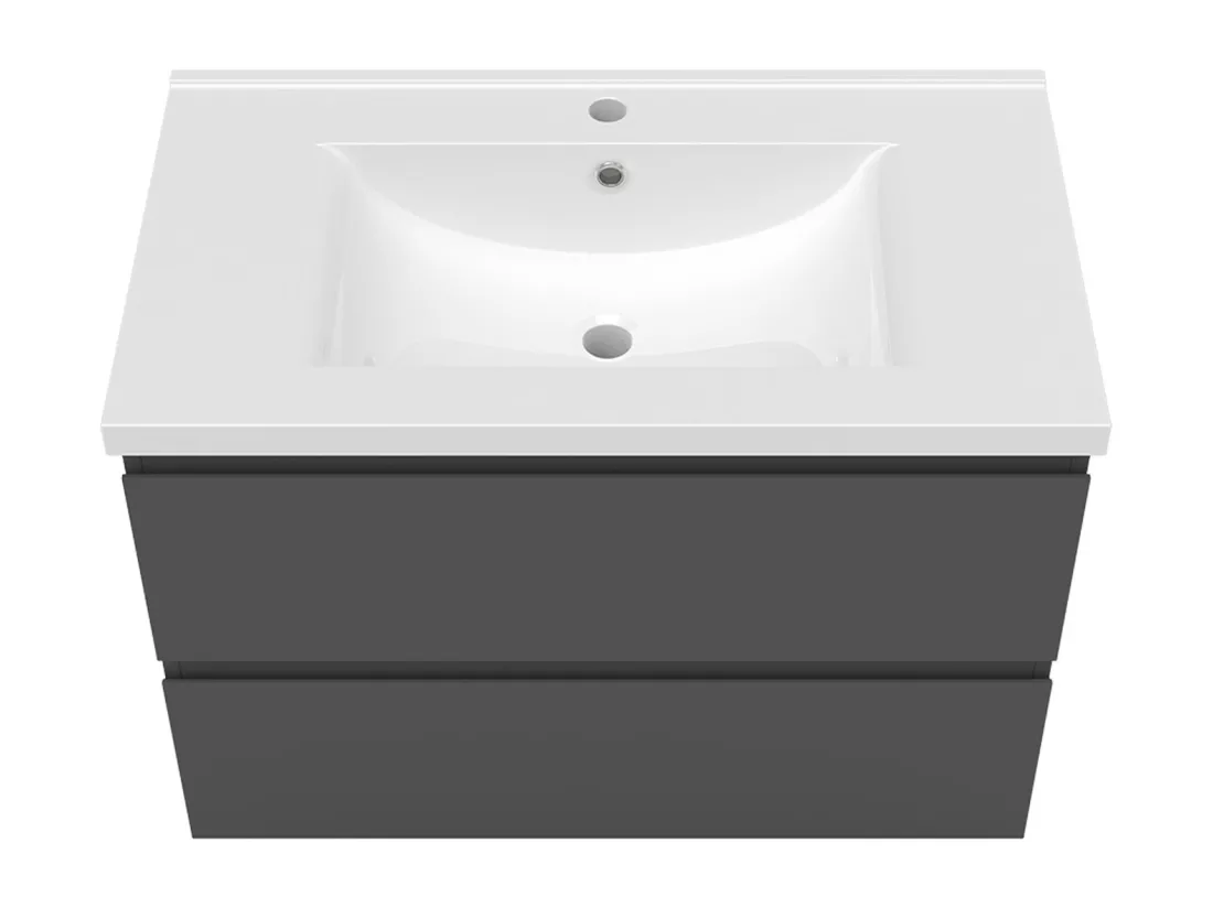 AICA Ensemble meuble Salle de Bain Anthracite 80cm avec 2 colonnes, simple vasque et Led miroir dimmable avec 3 couleurs, Bluetooth et 3X grossissement.