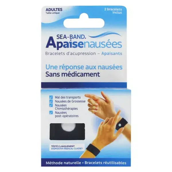Pulseira anti-náusea Sea-Band para adultos, preta, 2 unidades