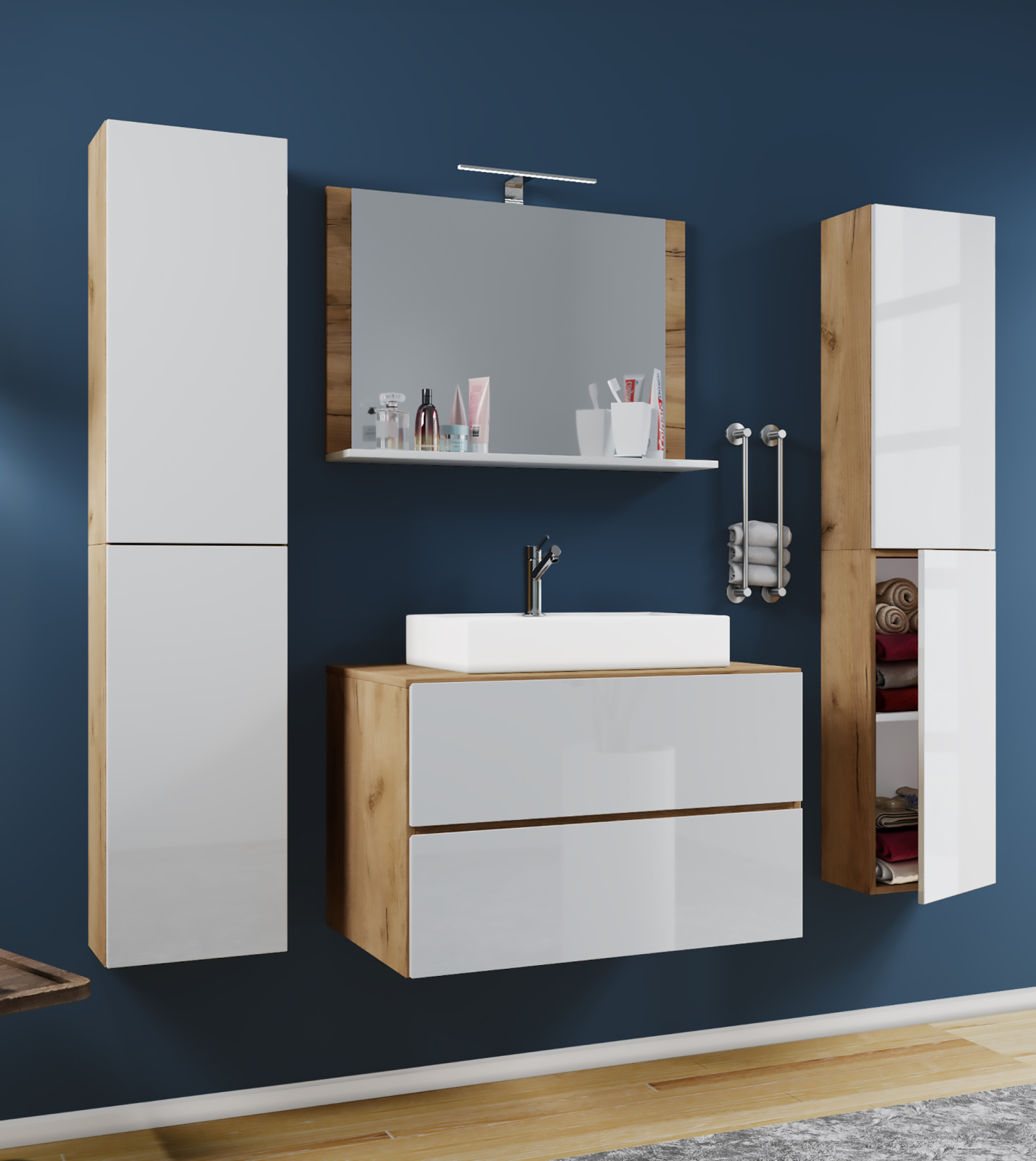 5-teiliges Badmöbel-Set LENDAS XL - weiß - Honig Eiche - 80 cm