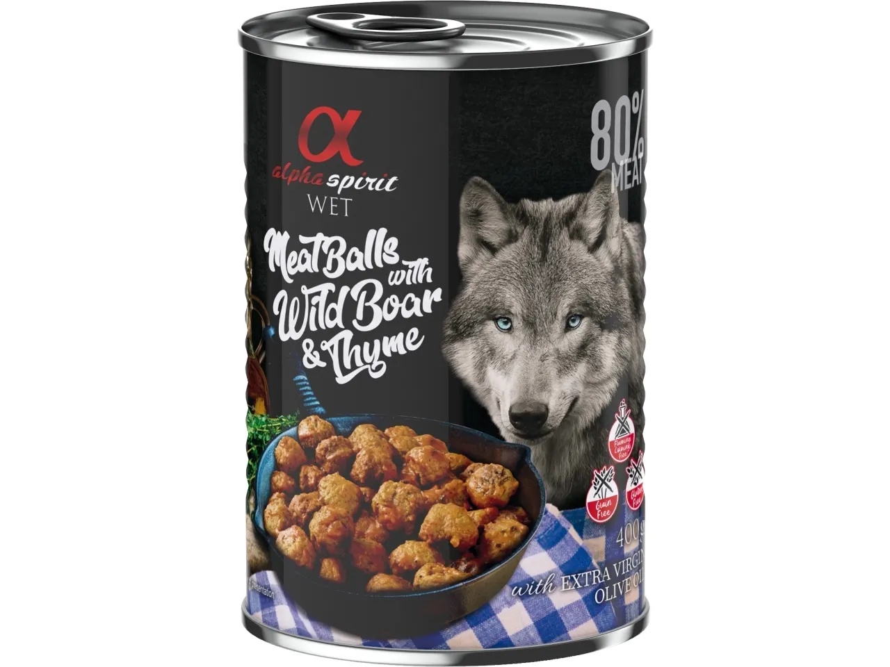 [OUTLET] - AlphaSpirit Alpha Spirit dåse, kødboller med vildsvin & timian 400 g - (12 pk/ps)