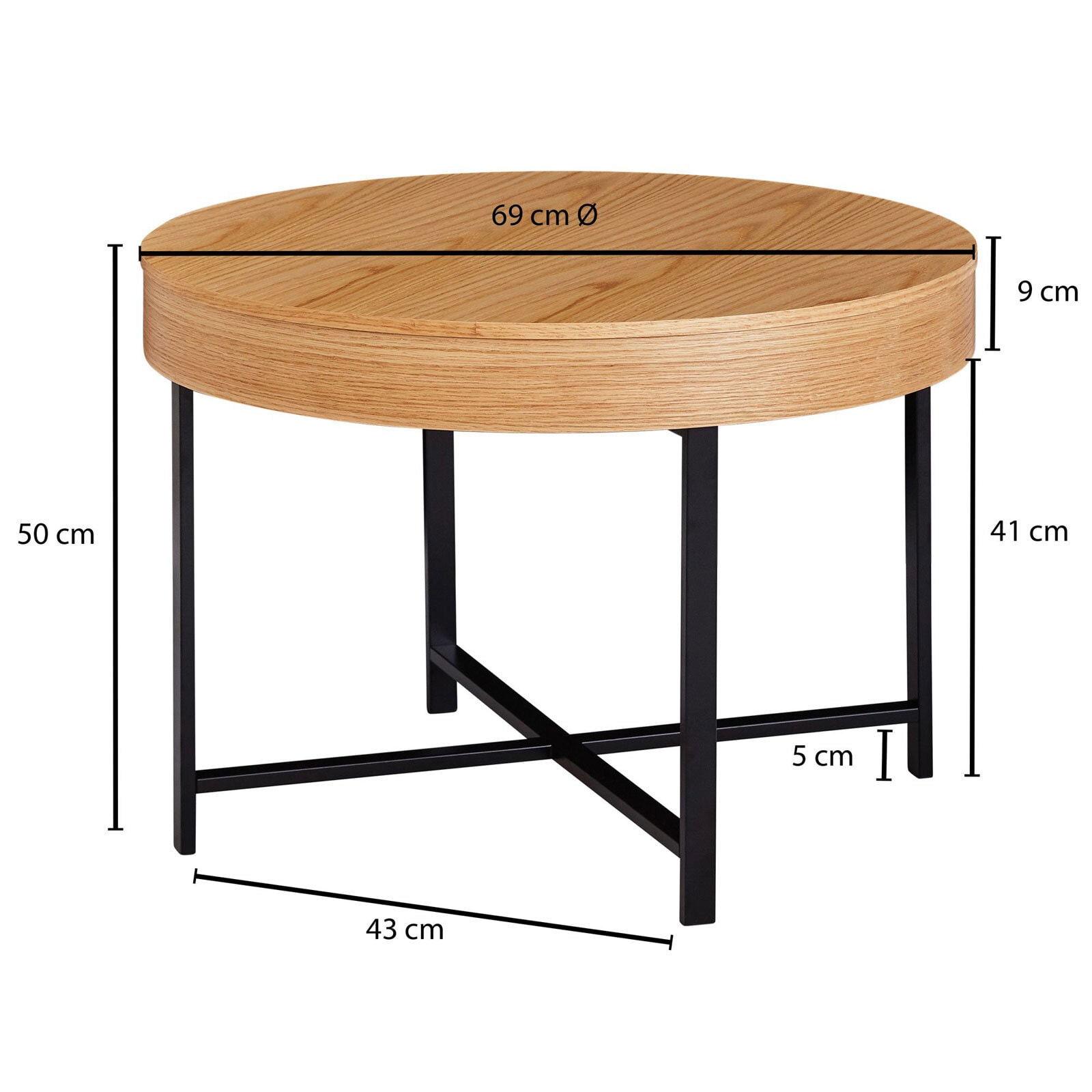 Couchtisch rund Ø 69 cm Eiche-Dekor/Schwarz