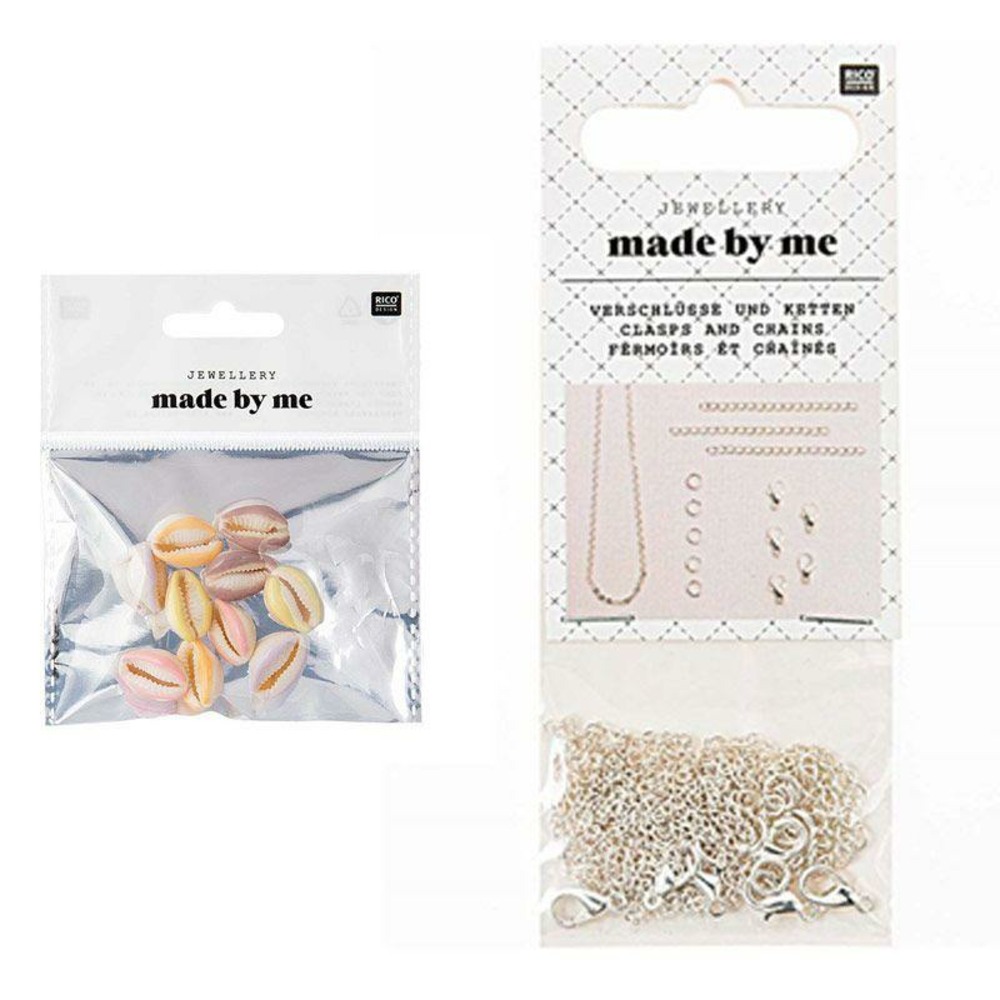 10 perles coquillages pastel + fermoirs épais et chaînes argentés