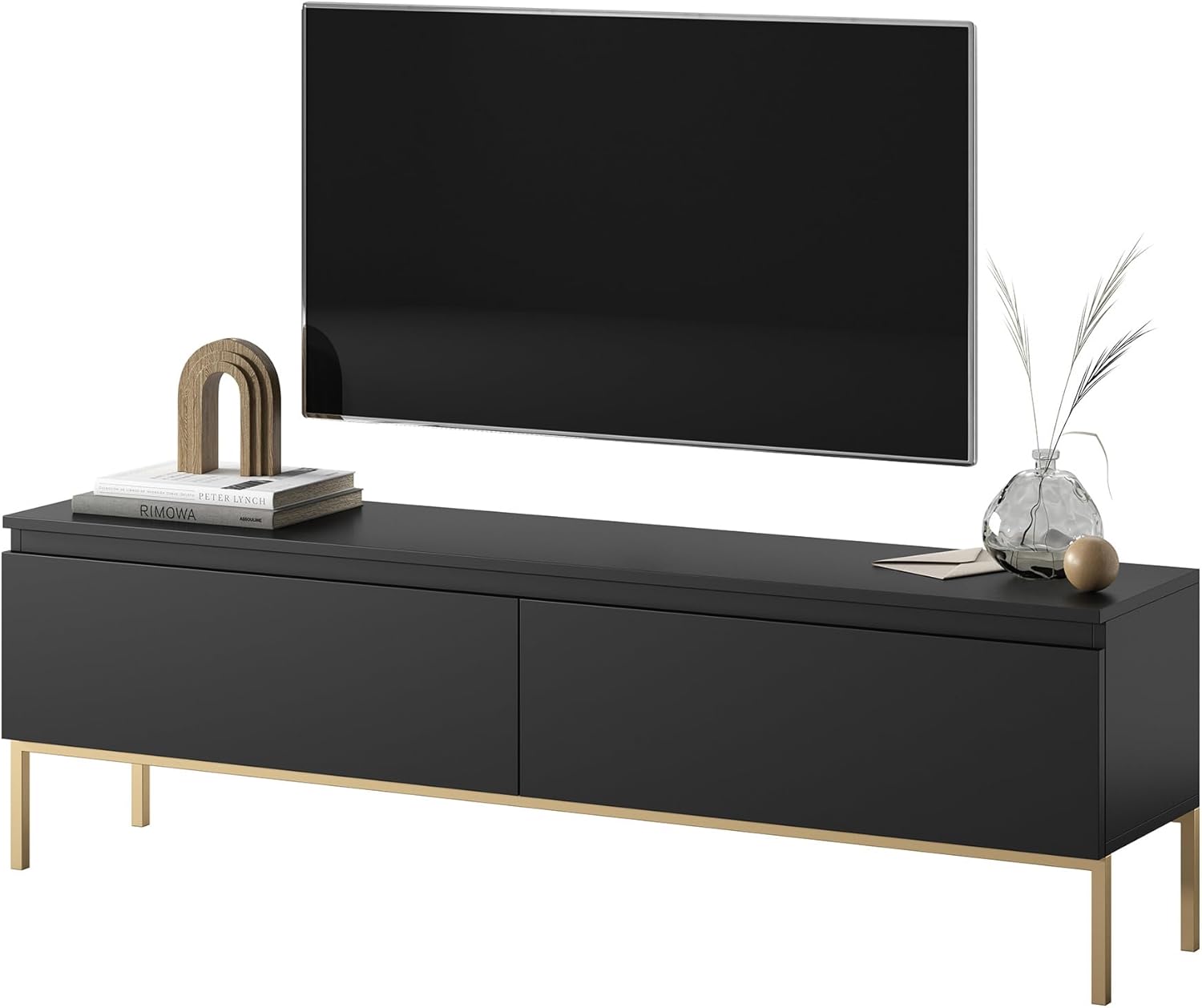 Selsey TV Schrank Board Sideboard Fernsehtisch Fernsehschrank Mit Schränken 150 cm Goldene Beine Schwarz Bemmi