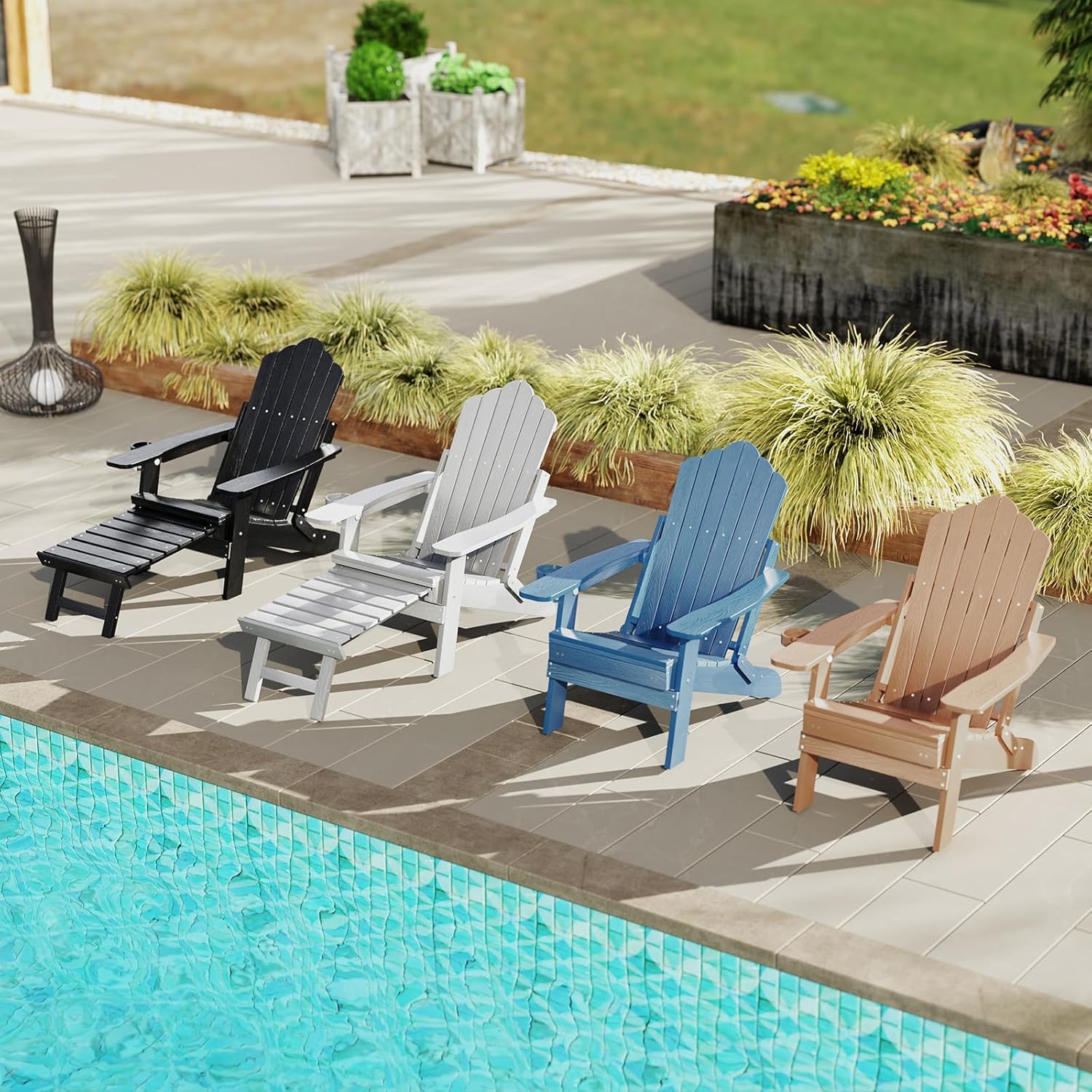 COSTWAY Klappbarer Adirondack Stuhl mit Fußstütze & Verstellbarer Rückenlehne, wetterfester Adirondack Chair aus Kunststoff, Gartensessel mit Getränkehalter für Garten, Terrasse, 180 kg Tragfähigkeit