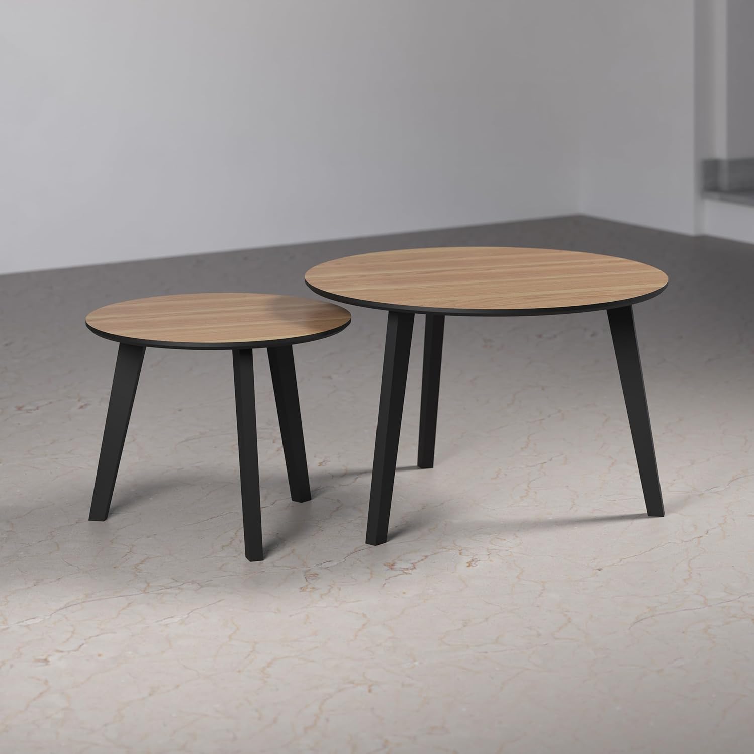 trendteam smart living - Ronin - Couchtisch - Eiche/Schwarz lackiert - 2er Couchtisch-Set rund - (BxHxT) 50 x 39 x 50/70 x 45 x 70 cm - 2 Satztische - Füße aus Massivholz